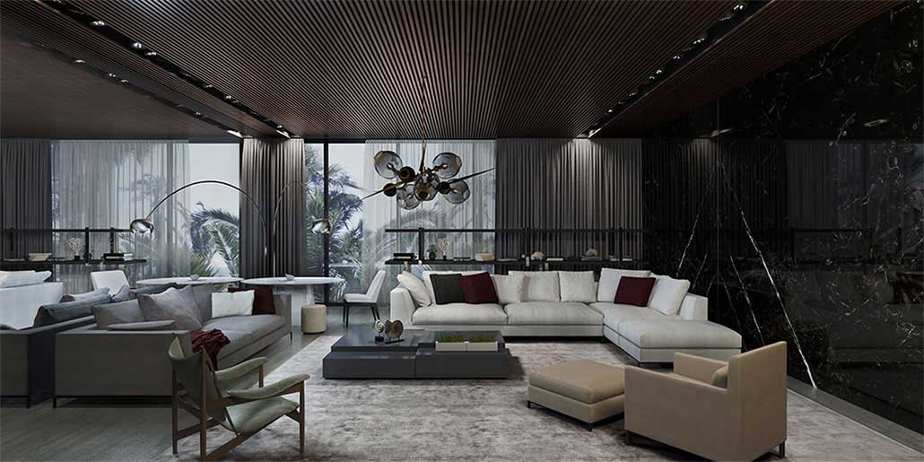 Dramatic spaces with deep textures and contemporary shapes